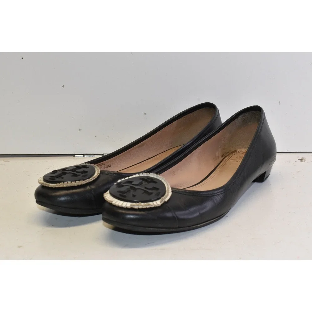 Tory Burch Leather Heeled Ballet Flats Black‎ Womens 8.5M Logo Medallion Vibram